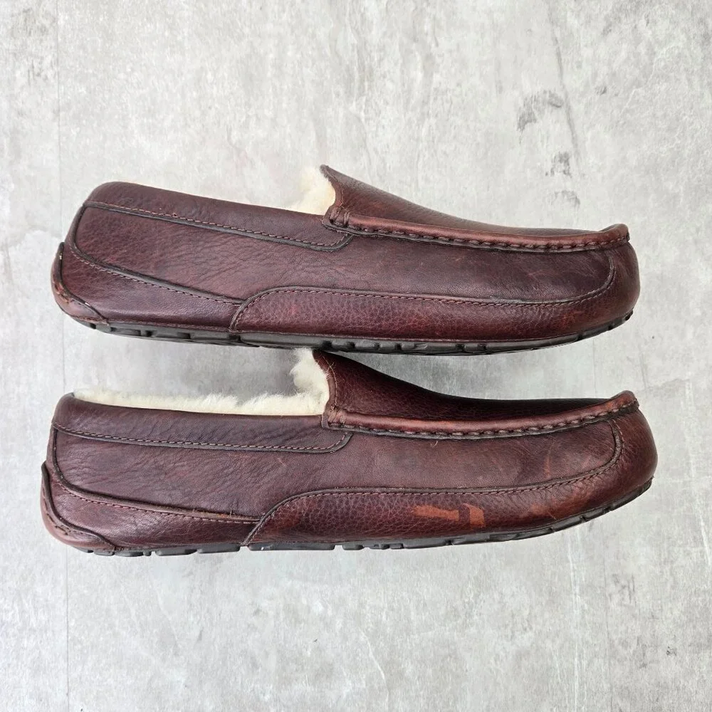 Ugg Slipper Loafers Mens 11 Brown Leather Fur Lined Slip On Comfort Dress Shoes - Picture 5 of 12